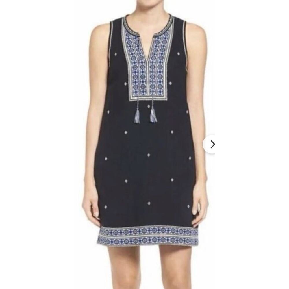 Madewell Suncoast Embroidered Shift Dress Women's Sz 12 Sleeveless Black Tassel